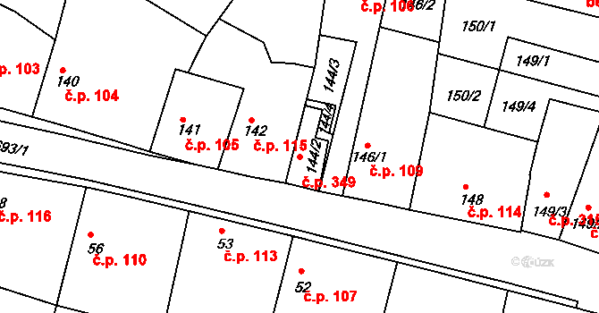 Jirny 349 na parcele st. 144/2 v KÚ Jirny, Katastrální mapa