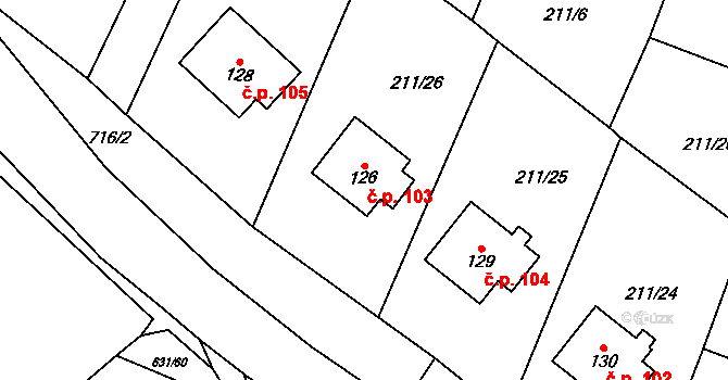 Bouzov 103 na parcele st. 126 v KÚ Bouzov, Katastrální mapa