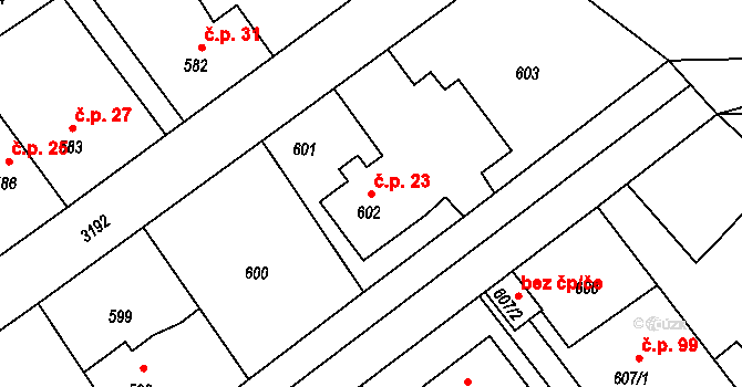 Strkov 23, Planá nad Lužnicí na parcele st. 602 v KÚ Planá nad Lužnicí, Katastrální mapa