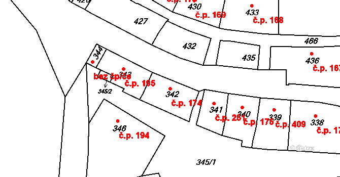 Volyně 174 na parcele st. 342 v KÚ Volyně, Katastrální mapa
