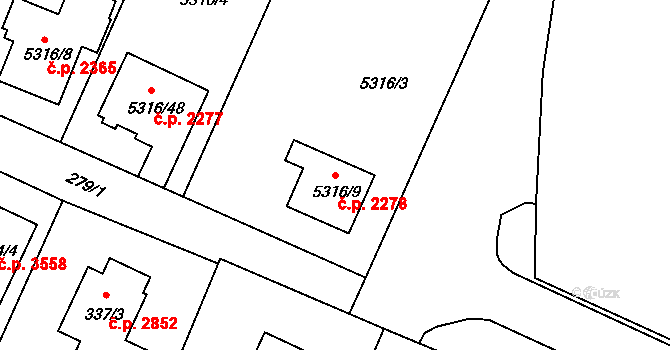 Frýdek 2278, Frýdek-Místek na parcele st. 5316/9 v KÚ Frýdek, Katastrální mapa