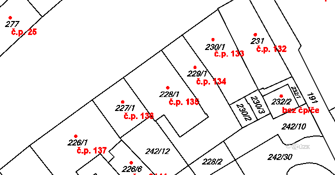 Sokolov 135 na parcele st. 228/1 v KÚ Sokolov, Katastrální mapa