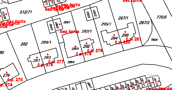 Letňany 279, Praha na parcele st. 292 v KÚ Letňany, Katastrální mapa