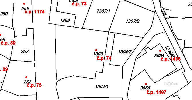 Rumburk 1 74, Rumburk na parcele st. 1303 v KÚ Rumburk, Katastrální mapa