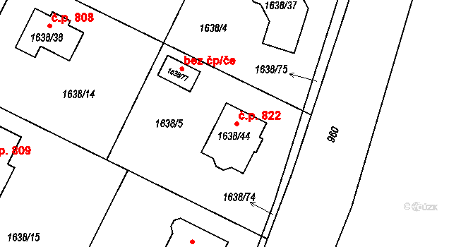 Miřetice u Klášterce nad Ohří 822, Klášterec nad Ohří na parcele st. 1638/44 v KÚ Miřetice u Klášterce nad Ohří, Katastrální mapa