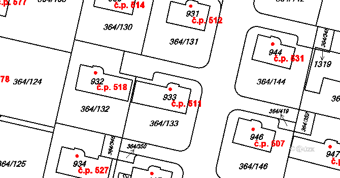 Nučice 511 na parcele st. 933 v KÚ Nučice u Rudné, Katastrální mapa
