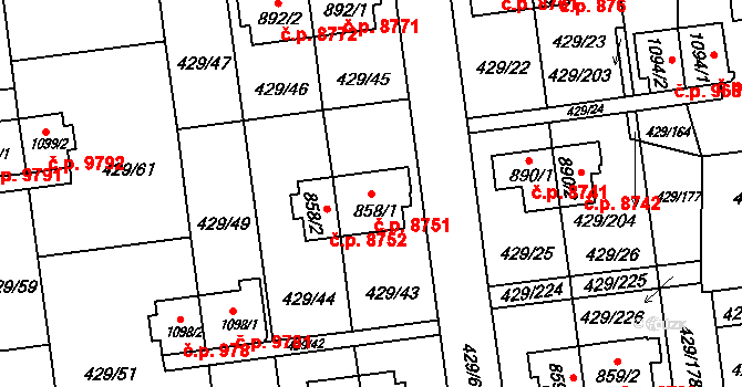 Otrokovice 8751 na parcele st. 858/1 v KÚ Otrokovice, Katastrální mapa