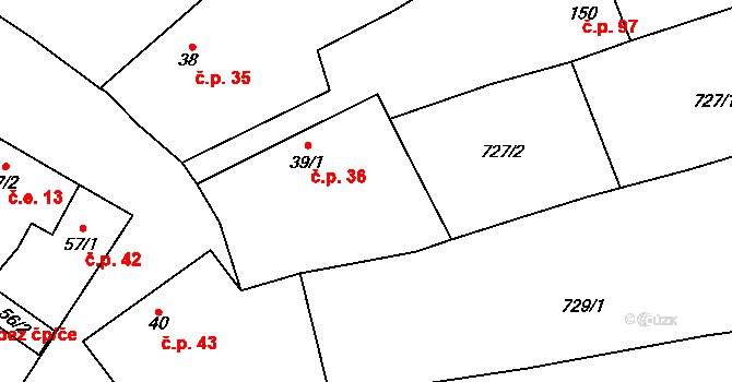 Neustupov 36 na parcele st. 39/1 v KÚ Neustupov, Katastrální mapa