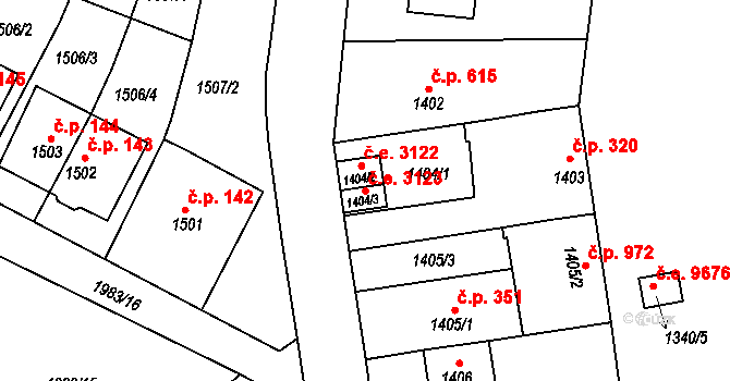Klíše 3123, Ústí nad Labem na parcele st. 1404/3 v KÚ Klíše, Katastrální mapa