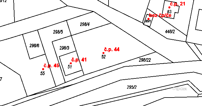 Čtyři Dvory 44, Prosetín na parcele st. 52 v KÚ Čtyři Dvory, Katastrální mapa