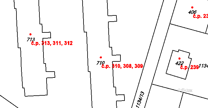 Příluky 308,309,310, Zlín na parcele st. 710 v KÚ Příluky u Zlína, Katastrální mapa