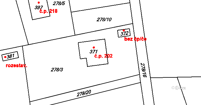 Karpentná 202, Třinec na parcele st. 371 v KÚ Karpentná, Katastrální mapa