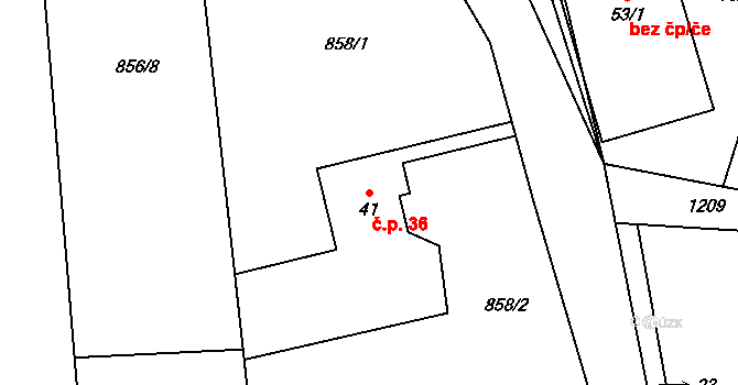 Čmelíny 36 na parcele st. 41 v KÚ Čmelíny, Katastrální mapa