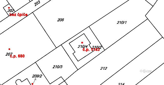 Valtice 1143 na parcele st. 210/4 v KÚ Valtice, Katastrální mapa