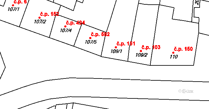 Lysice 151 na parcele st. 109/1 v KÚ Lysice, Katastrální mapa