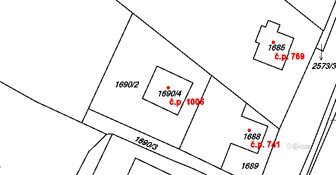 Bílovec 1005 na parcele st. 1690/4 v KÚ Bílovec-město, Katastrální mapa