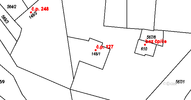 Merklín 127 na parcele st. 148/1 v KÚ Merklín u Přeštic, Katastrální mapa