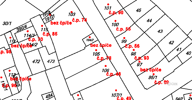 Těšnovice 78, Kroměříž na parcele st. 105 v KÚ Těšnovice, Katastrální mapa