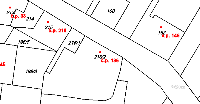 Malešov 136 na parcele st. 216/2 v KÚ Malešov, Katastrální mapa