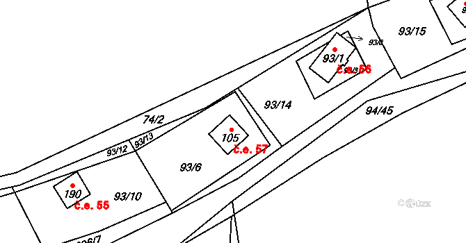 Zborná 57, Jihlava na parcele st. 105 v KÚ Zborná, Katastrální mapa