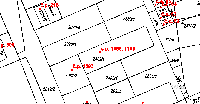 Slavkov u Brna 1155,1156 na parcele st. 2832/1 v KÚ Slavkov u Brna, Katastrální mapa