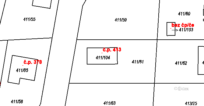 Mstišov 413, Dubí na parcele st. 411/104 v KÚ Mstišov, Katastrální mapa