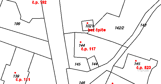 Smiřice 117 na parcele st. 144 v KÚ Smiřice, Katastrální mapa