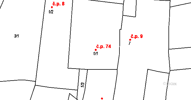 Trubín 74 na parcele st. 1/1 v KÚ Trubín, Katastrální mapa