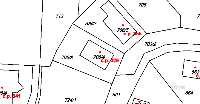 Samotišky 329 na parcele st. 706/4 v KÚ Samotíšky, Katastrální mapa