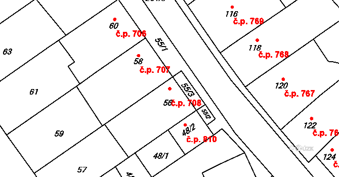 Březce 708, Štěpánov na parcele st. 56 v KÚ Březce, Katastrální mapa