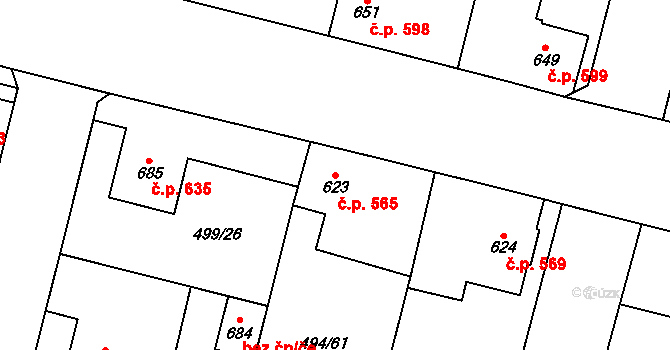 Libochovice 565 na parcele st. 623 v KÚ Libochovice, Katastrální mapa