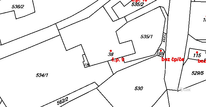 Lbín 9, Bžany na parcele st. 38 v KÚ Lysec, Katastrální mapa