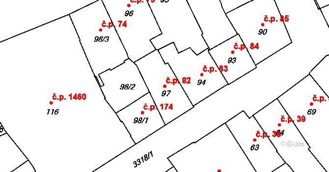 Pelhřimov 82 na parcele st. 97 v KÚ Pelhřimov, Katastrální mapa