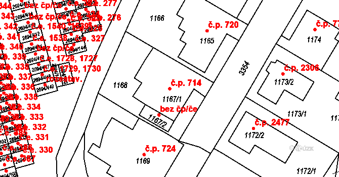 Pelhřimov 714 na parcele st. 1167/1 v KÚ Pelhřimov, Katastrální mapa
