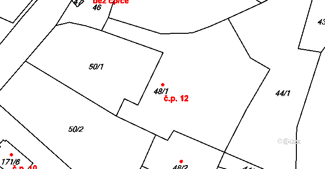 Puchlovice 12 na parcele st. 48/1 v KÚ Puchlovice, Katastrální mapa