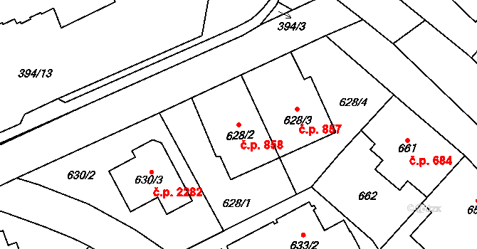 Chodov 858, Praha na parcele st. 628/2 v KÚ Chodov, Katastrální mapa