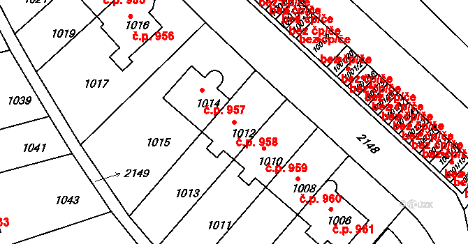 Střešovice 958, Praha na parcele st. 1012 v KÚ Střešovice, Katastrální mapa