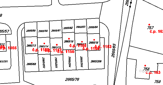 Kyje 1154, Praha na parcele st. 2665/17 v KÚ Kyje, Katastrální mapa