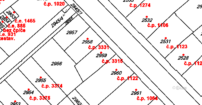 Chomutov 3315 na parcele st. 2959 v KÚ Chomutov I, Katastrální mapa
