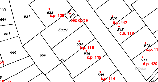 Pražské Předměstí 116, Bílina na parcele st. 534 v KÚ Bílina, Katastrální mapa