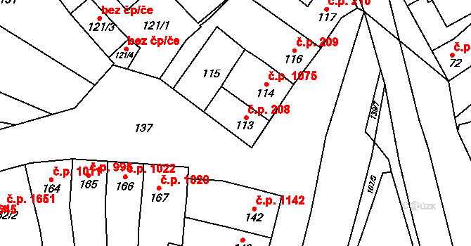 Šlapanice 208 na parcele st. 113 v KÚ Šlapanice u Brna, Katastrální mapa