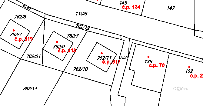 Blažovice 317 na parcele st. 762/11 v KÚ Blažovice, Katastrální mapa