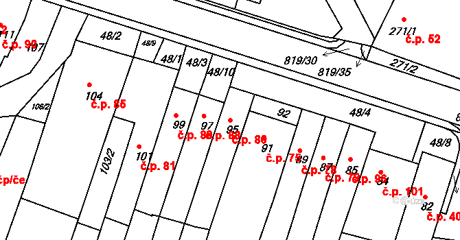 Vysoké Popovice 86 na parcele st. 95 v KÚ Vysoké Popovice, Katastrální mapa