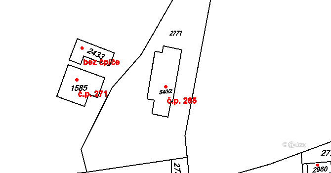 Rožnov pod Radhoštěm 265 na parcele st. 540/2 v KÚ Rožnov pod Radhoštěm, Katastrální mapa