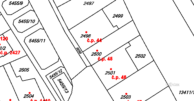 Lobzy 45, Plzeň na parcele st. 2500 v KÚ Plzeň, Katastrální mapa
