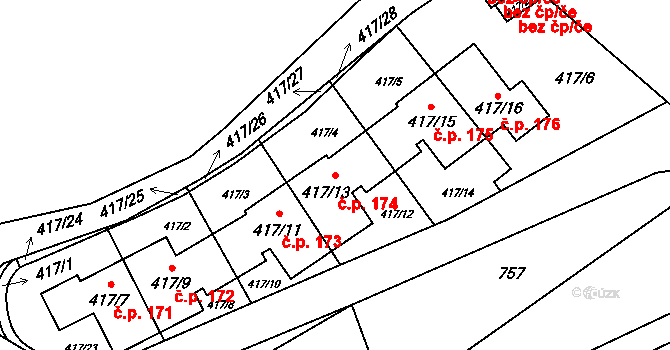 Přední Kopanina 174, Praha na parcele st. 417/13 v KÚ Přední Kopanina, Katastrální mapa