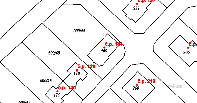 Kozinec 144, Holubice na parcele st. 169 v KÚ Kozinec, Katastrální mapa