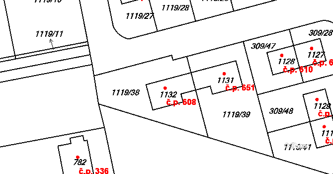 Nučice 608 na parcele st. 1132 v KÚ Nučice u Rudné, Katastrální mapa