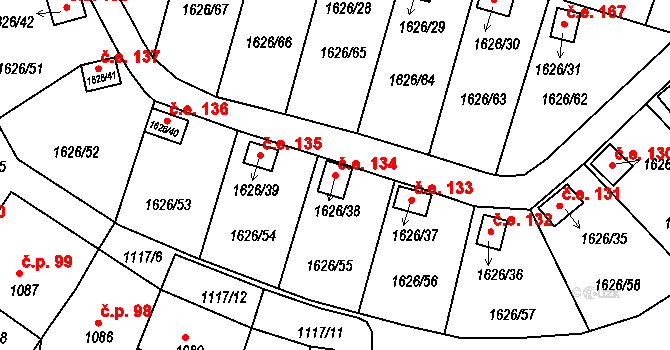 Teplické Předměstí 134, Bílina na parcele st. 1626/38 v KÚ Bílina, Katastrální mapa