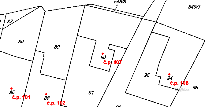Velíková 107, Zlín na parcele st. 90 v KÚ Velíková, Katastrální mapa